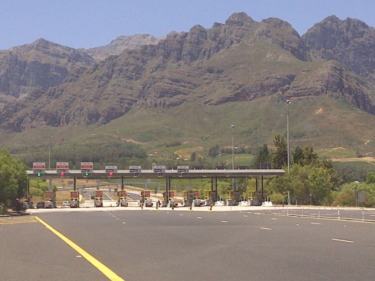 We followed the highway out towards the mountain pass, where we finally reached the toll gates.