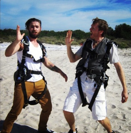 Crazy skydivers! Ross and Simon shortly after landing....