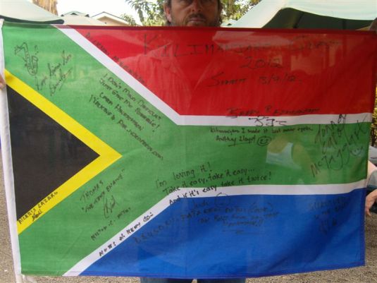 Barry's South African flag that he got everyone to sign. Photo by Donna McTaggart