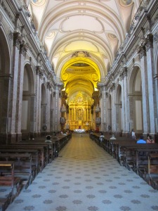 Interior of the Cathedral viewed towards the main chapel. Both the main altarpiece and the pulpits date from the late 18th century.