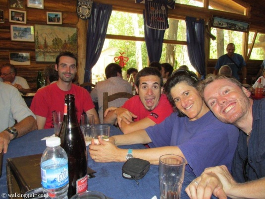 Two of our Argentinian guides, Adrian and Bruno and my two Kili team mates, Judi and Simon waiting for lunch. 